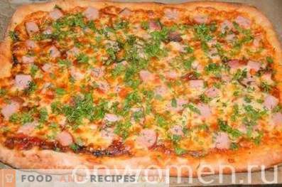 Pizza en masa de levadura con balyk y mozzarella