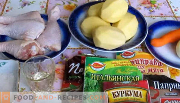 Muslos de pollo, horneados con papas en el horno, debajo de una corteza crujiente, en una manga, papel aluminio, con queso